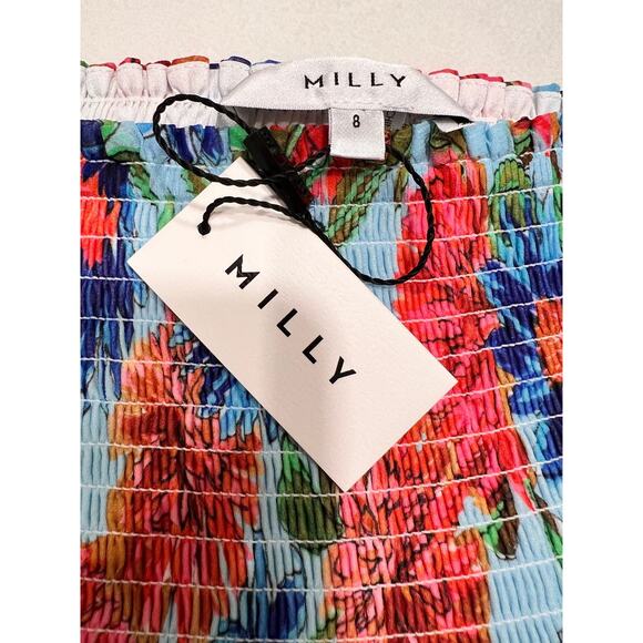 MILLY Wyatt Paint Dalia Print Elastic Waist Pull OnSkirt Blue Red Smocking Sz 8 - Picture 7 of 7